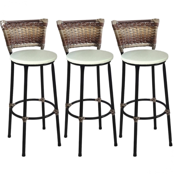 Kit 3 Banquetas Altas Preta Com Encosto Junco Capuccino Assen