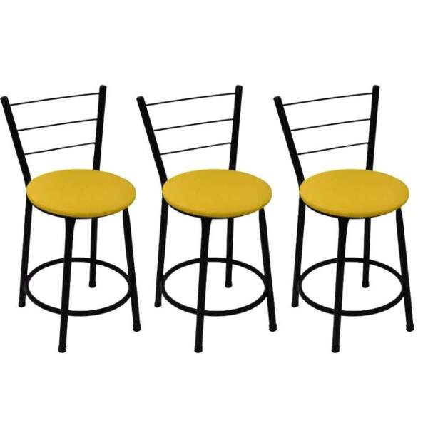 Kit 3 Banquetas Baixa Preta Com Assento Amarelo Fortmix