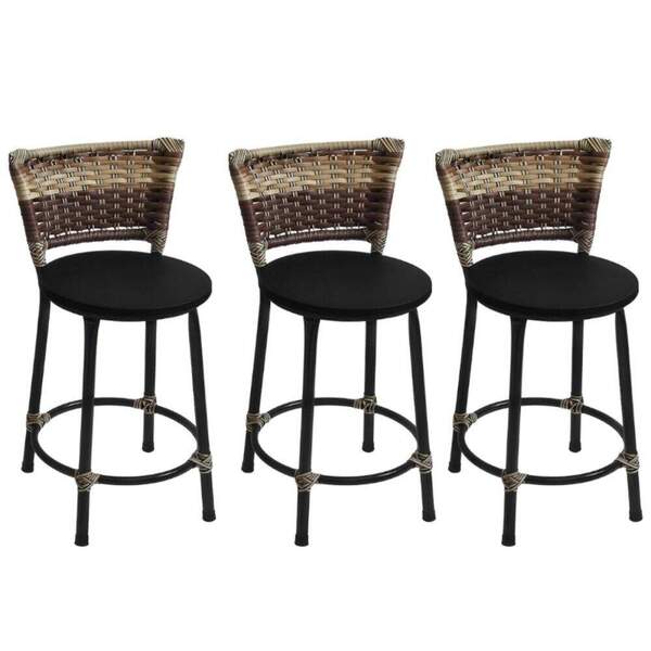 Kit 3 Banquetas Baixa Preta Junco Capuccino Com Assento Preto