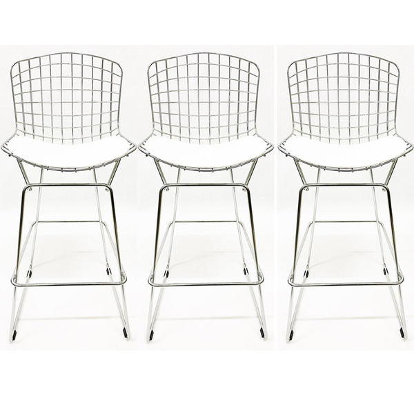 Kit 3 Banquetas Bertóia Cromada Assento Branco Altura 60cm -