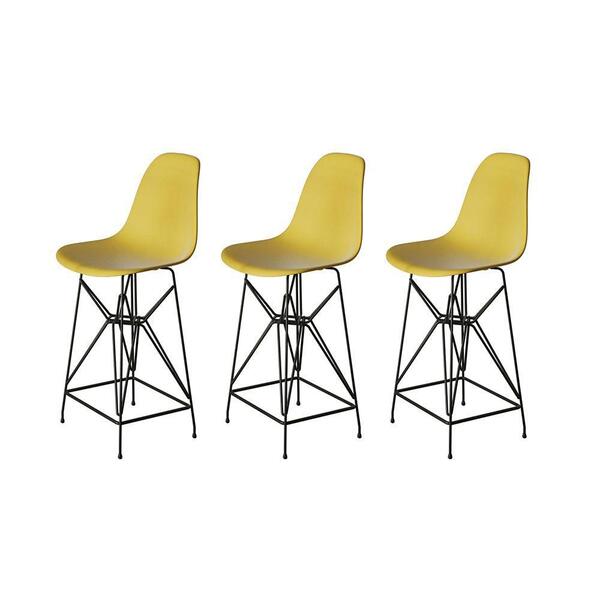 Kit 3 Banquetas Bistrô Alta Eames Eiffel Amarela Base Ferro P