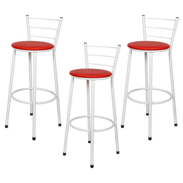 Kit 3 Banquetas Epoxi Branco Assento Vermelho
