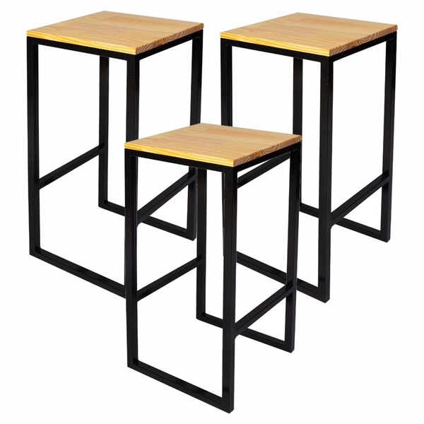 Kit 3 Banquetas Industrial Bistrô Sem Encosto Ferro Com Madei