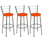 Kit 3 Banquetas Média Cromada Com Encosto Assento Laranja