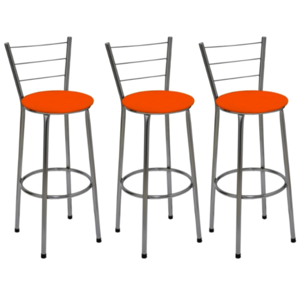 Kit 3 Banquetas Média Cromada Com Encosto Assento Laranja