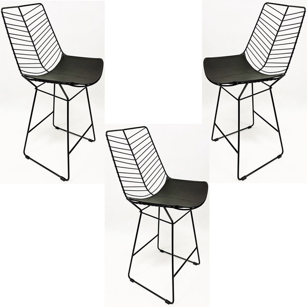 Kit 3 Banquetas Média Para Balcão Bertoia Retrô Cor Preta Alt