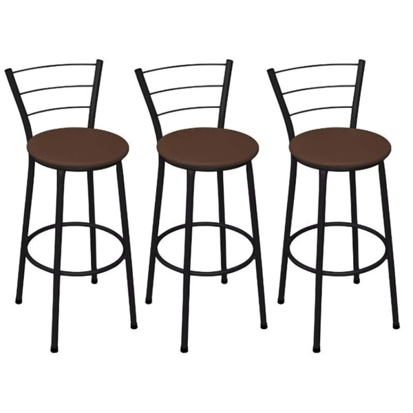 Kit 3 Banquetas Médias Preta Com Encosto Assento Marrom