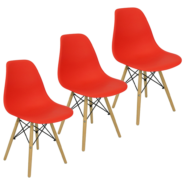 Kit 3 Cadeiras Charles Eames Eiffel Wood Design - Vermelha