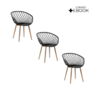 Kit 3 Cadeiras Clarice Nest Wood Com Apoio De Braço - Preto