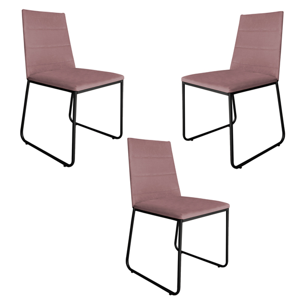 Kit 3 Cadeiras De Jantar Estofada Lille Base Preta Veludo Ros