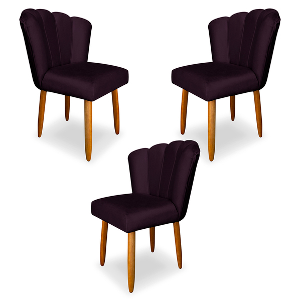 Kit 3 Cadeiras De Jantar Pétala Estofada Pés Palito Veludo Ro