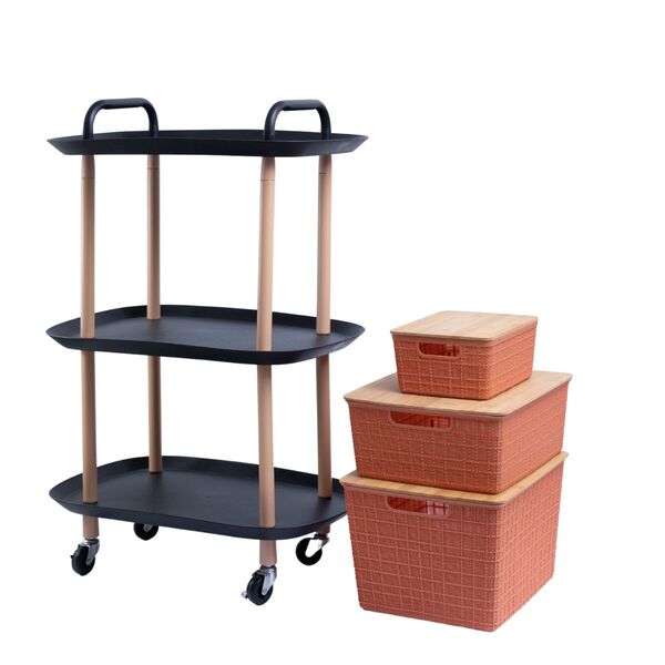 Kit 3 Caixa Organizadora Terracota E Carrinho Multiuso Oikos