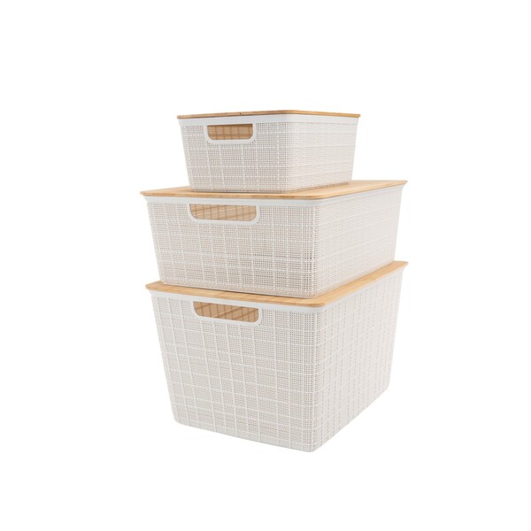 Kit 3 Caixas Organizadoras Branca C/ Tampa Bambu - P, M e G