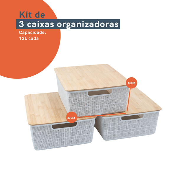 Kit 3 Caixas Organizadoras Tampa De Bambu 12l Branca - Oikos Unica