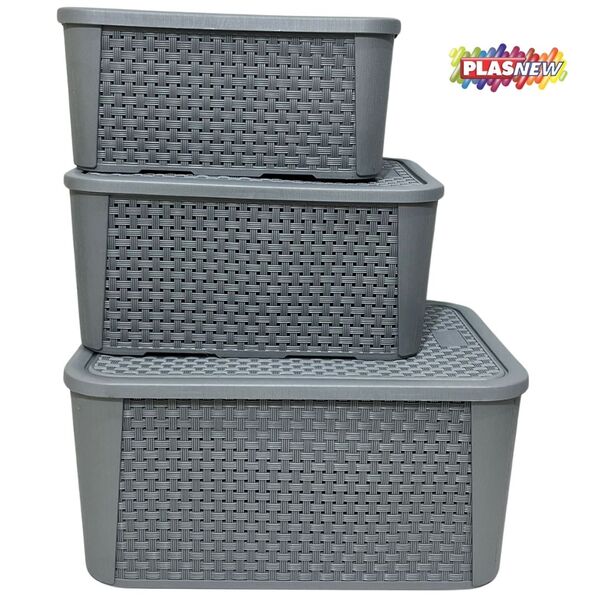 Kit 3 Caixas Organizadoras Tampa Rattan Retangular Plasnew - Cinza