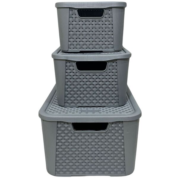 Kit 3 Caixas Organizadoras Tampa Rattan Retangular Plasnew - Cinza