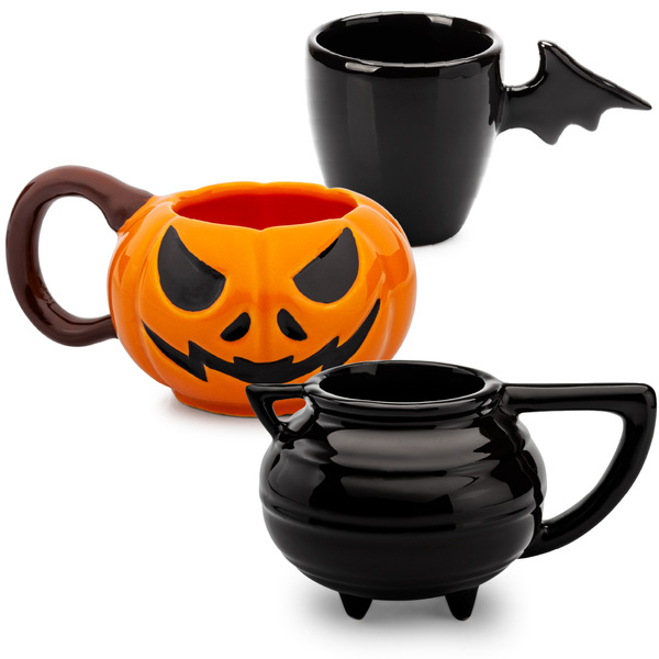 Kit 3 Canecas 3d Abóbora Halloween Caldeirão Bruxa E Morcego