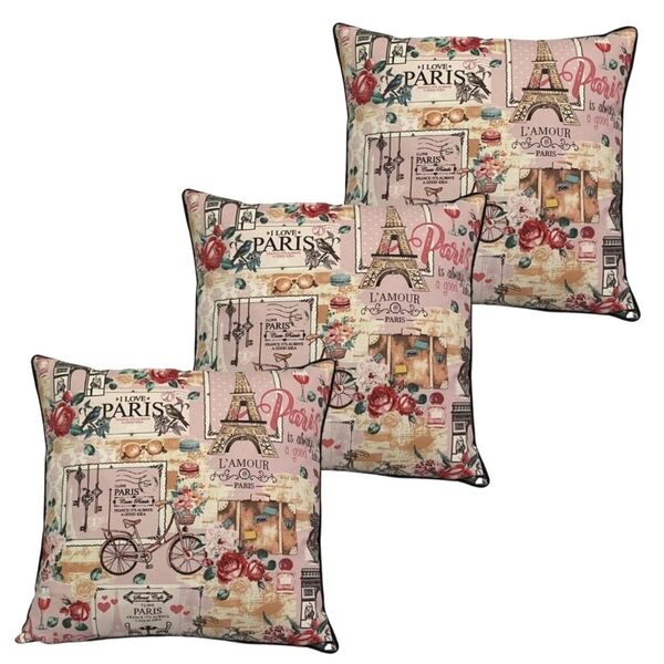 Kit 3 Capa De Almofada Belize Paris Fundo Rosa Impermeável 45