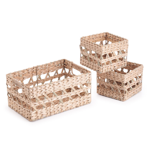 Kit 3 Cestos Organizadores de Aço e Palha de Amento Retangular 15x15x12 e 30x20x14cm Oikos