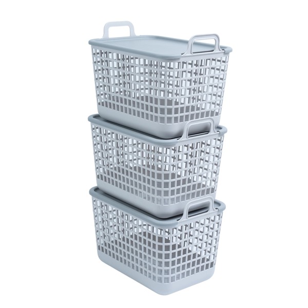 Kit 3 Cestos Telados Com Tampa De Plástico 15l Cinza – Oikos