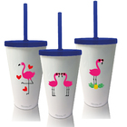 Kit 3 Copos Com Tampa E Canudo Azul Personalizados Flamingo D
