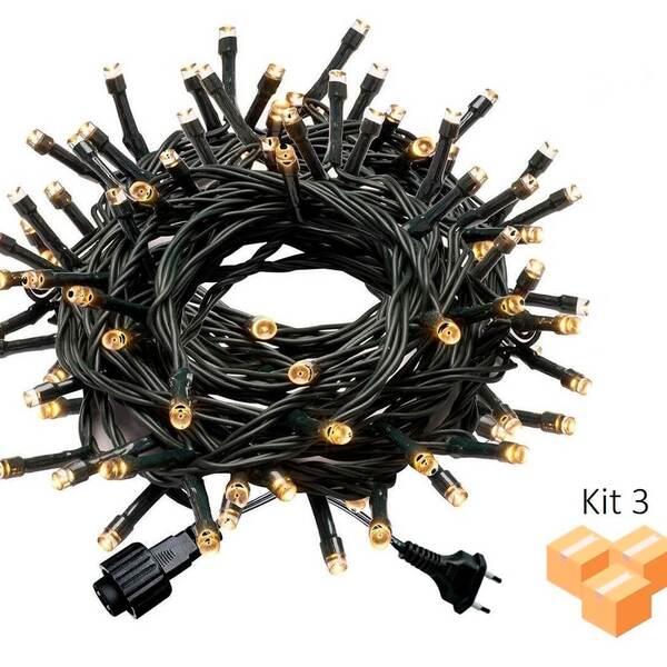 Kit 3 Cordão De Led Branco Quente 100 Lâmpadas Fixo Fio Verde