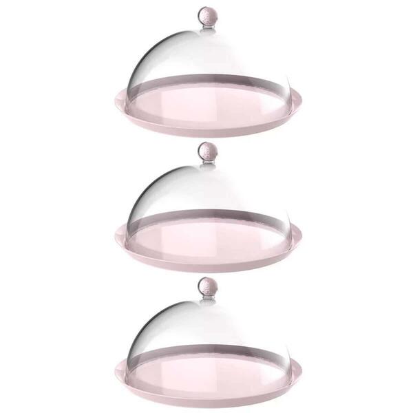 Kit 3 Cúpulas Plástico 25cm Bolos Tortas Doces Pratos Rosa Hi