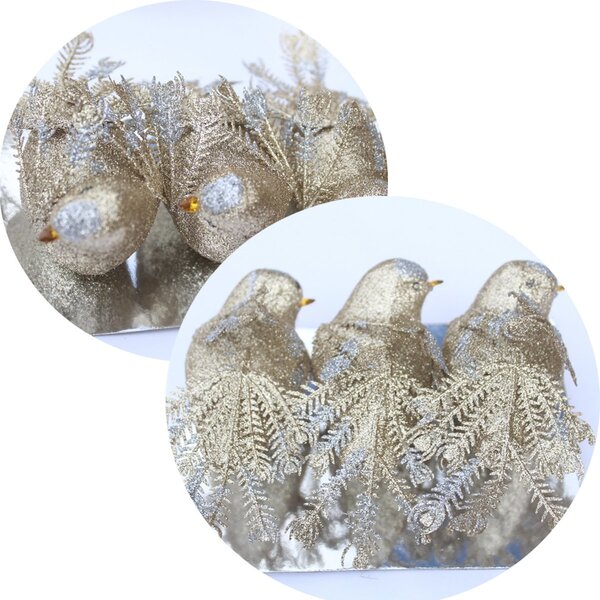 Kit 3 Decoração Natal Presilha Pássaro Bronze Com Glitter