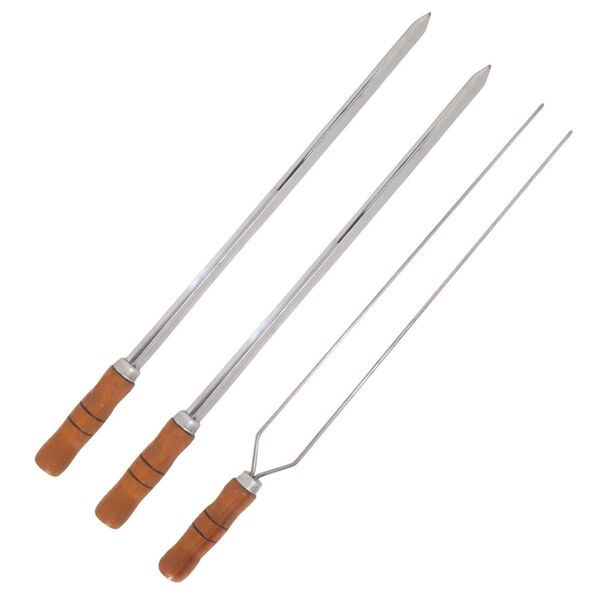Kit 3 Espetos De Inox 60cm Com Cabo Madeira - Espada E Duplo