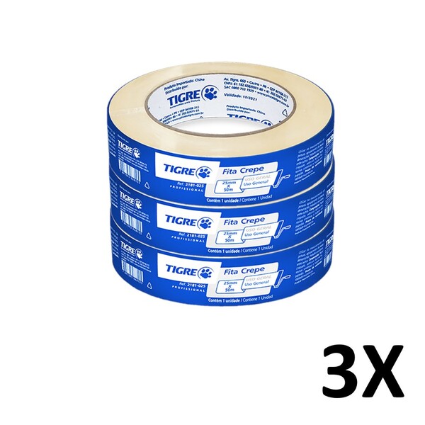 Kit 3 Fita Crepe Uso Geral Pintura 18mmx50m Tigre