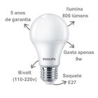 Kit 3 Lâmpada Led Philips 9w Bulbo Branco Neutro 4000K 806lm