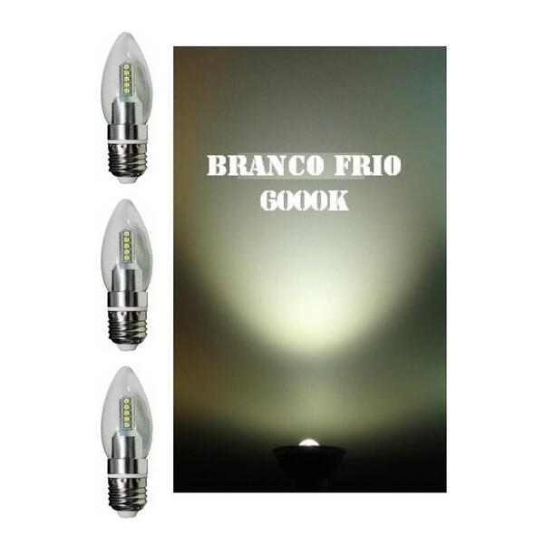 Kit 3 Lâmpadas Vela Cristal Sem Bico Led E-27 Branco Frio