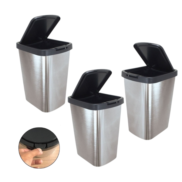 Kit 3 Lixeiras Cesto 9l Tampa Click Label Prata Inox