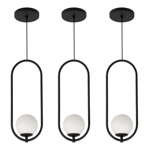 Kit 3 Luminária Pendente Teto Lustre Arco Globo Quarto Preto