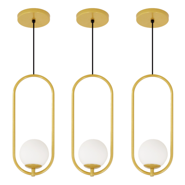 Kit 3 Luminárias Pendente Arco Globo Vidro Sala Cama Dourado