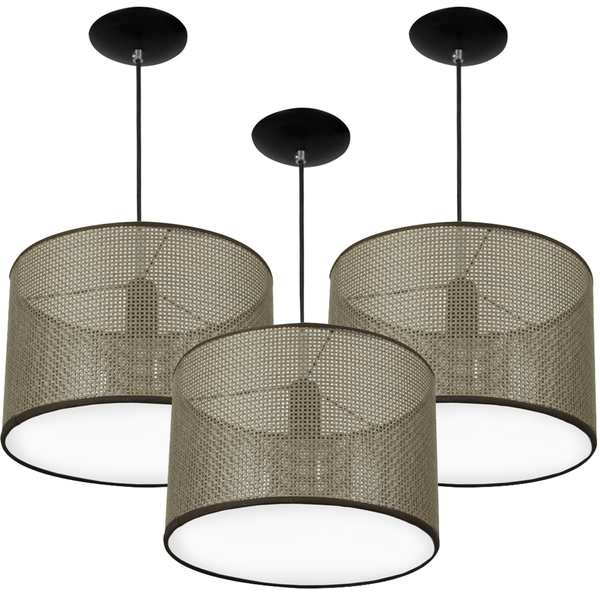 Kit 3 Luminarias Pendente Cúpula Ratan 30x20 Cm