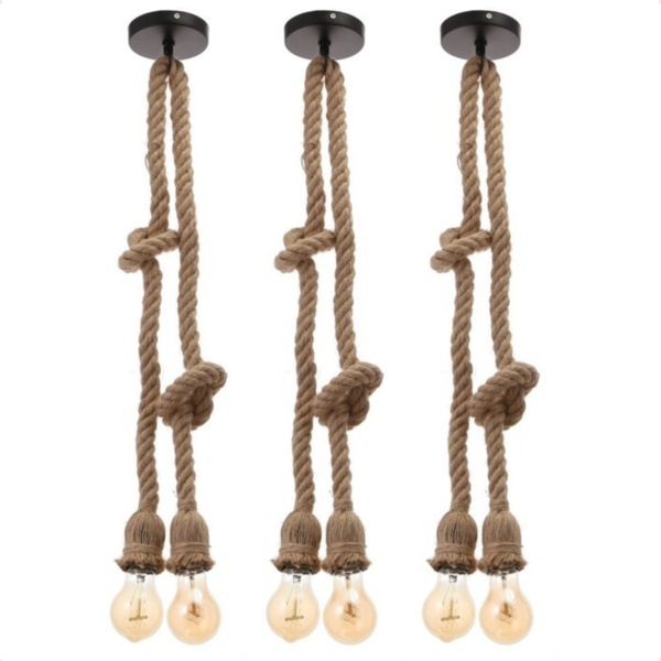 Kit 3 Lustre Pendente Bravalumi Corda Rustic Duplo E27 Bivolt