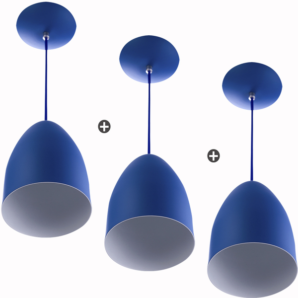 Kit 3 Lustre Pendente Cone De Alumínio 20x14cm Azul