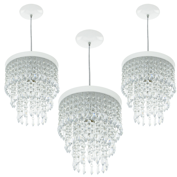 Kit 3 Lustre Pendente De Cristal Acrílico Manucrilic Branco