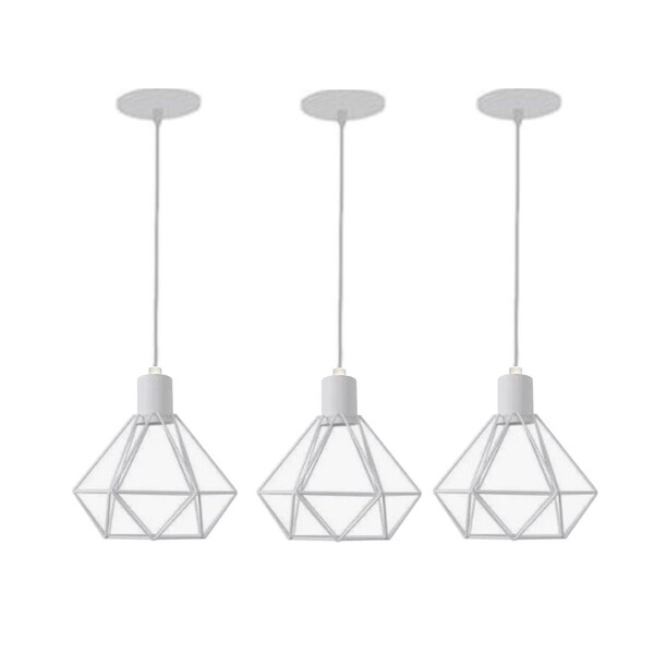 Kit 3 Lustres Pendente Aramado Retrô Diamante 18x18cm Branco