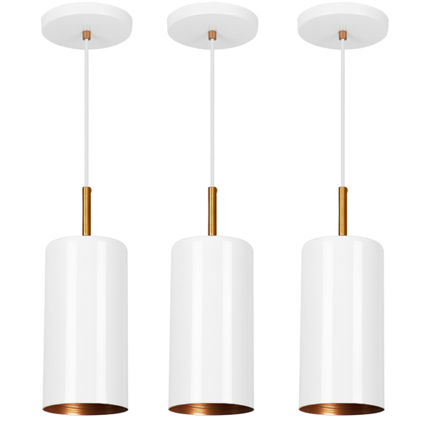 Kit 3 Lustres Pendente Bilboquê Cilindrico Branco Com Cobre