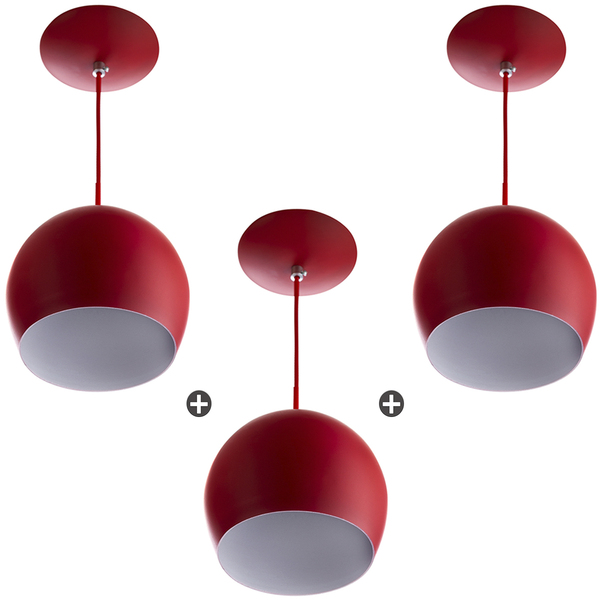 Kit 3 Lustres Pendente Bola Média Alumínio 23cm Vermelho