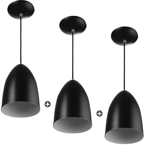 Kit 3 Lustres Pendente Cone Preto Sala Cozinha Quarto