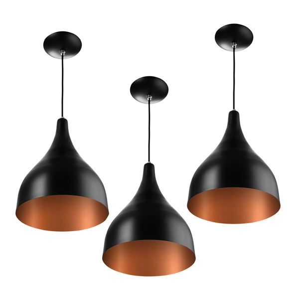 Kit 3 Lustres Pendente Gota Pequena  21cm Preto Com Cobre