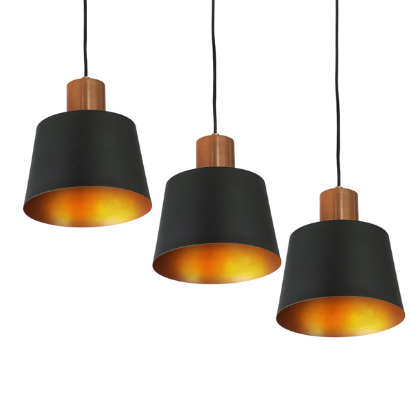 Kit 3 Lustres Pendentes Florença De Alumínio Preto Com Cobre