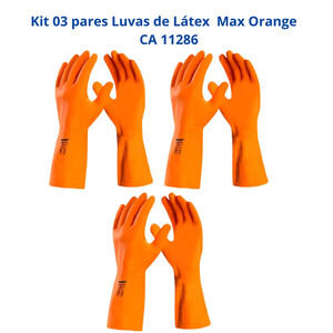Foto de Kit 3 Luvas Látex Laranja Limpeza Reforçada Forrada Max Orang