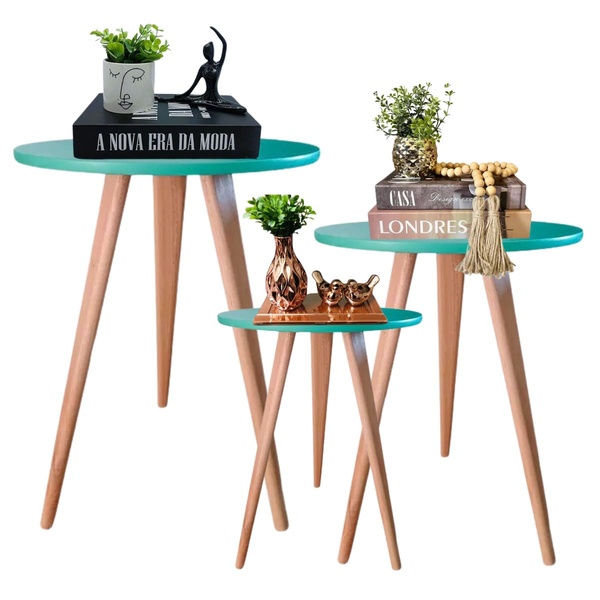 Kit 3 Mesa Redonda Lateral Canto Apoio Sala Quarto Pé Palito
