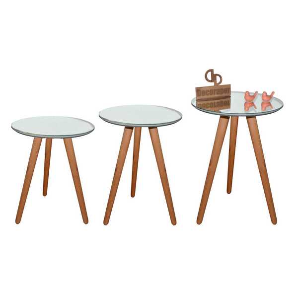 Kit 3 Mesas De Canto Tripé Com Espelho 35cm - Off White