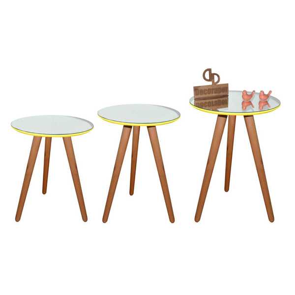 Kit 3 Mesas De Canto Tripé Com Espelho 45cm - Amarela