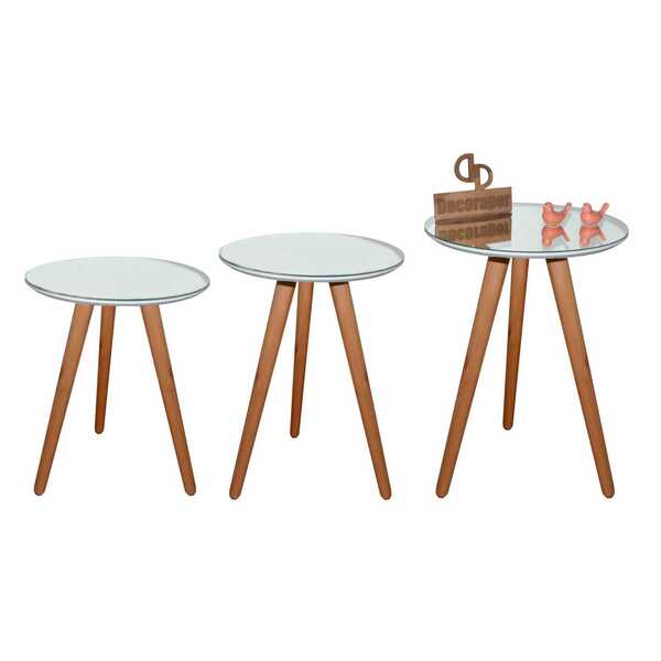 Kit 3 Mesas De Canto Tripé Com Espelho 45cm - Branca